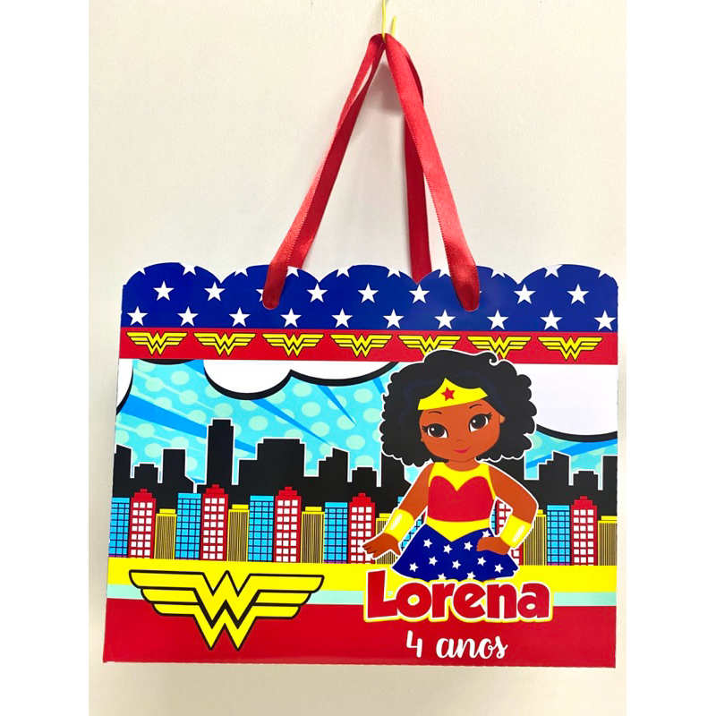 10 Sacolinhas Mulher Maravilha Negra Personalizadas Lembrancinha Aniversário Kit Festa