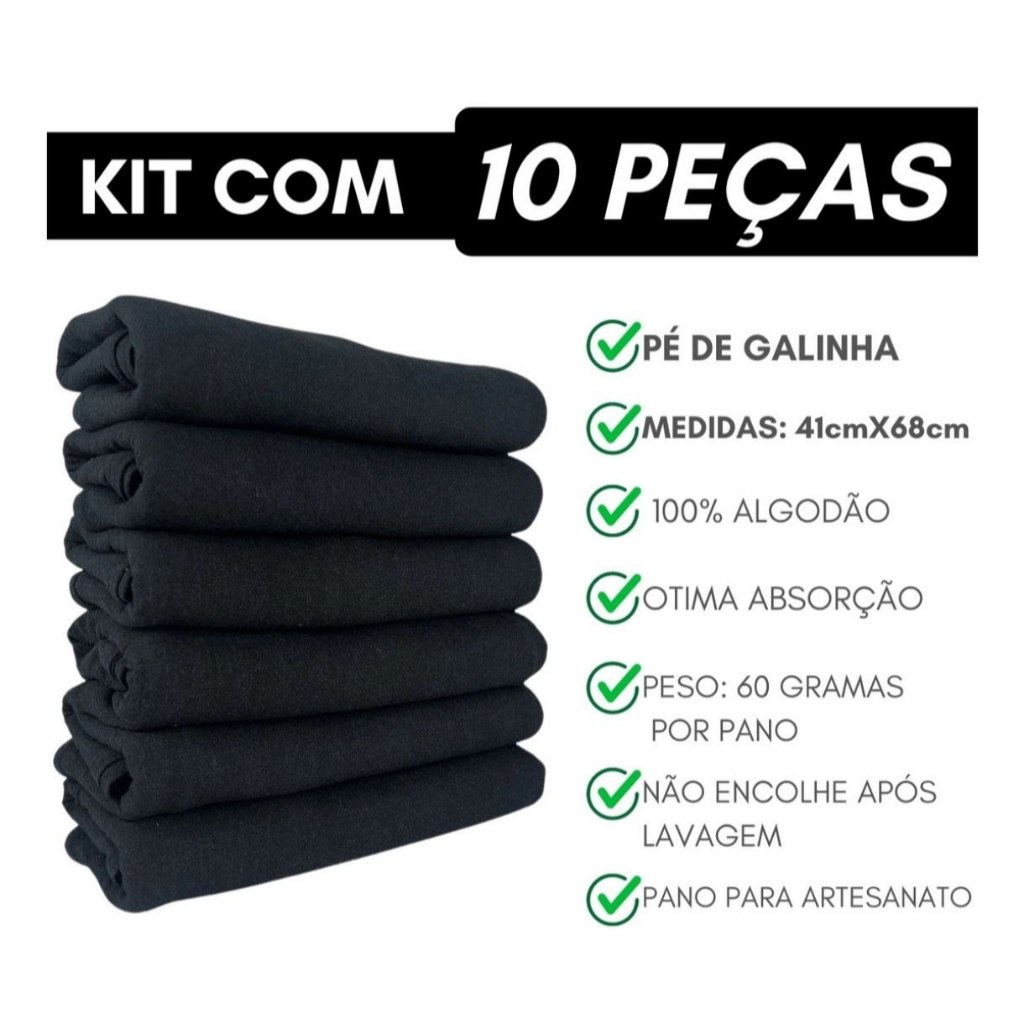 Kit 10 Pano De Prato Pé De Galinha  - 100% Algodão Cor Preto