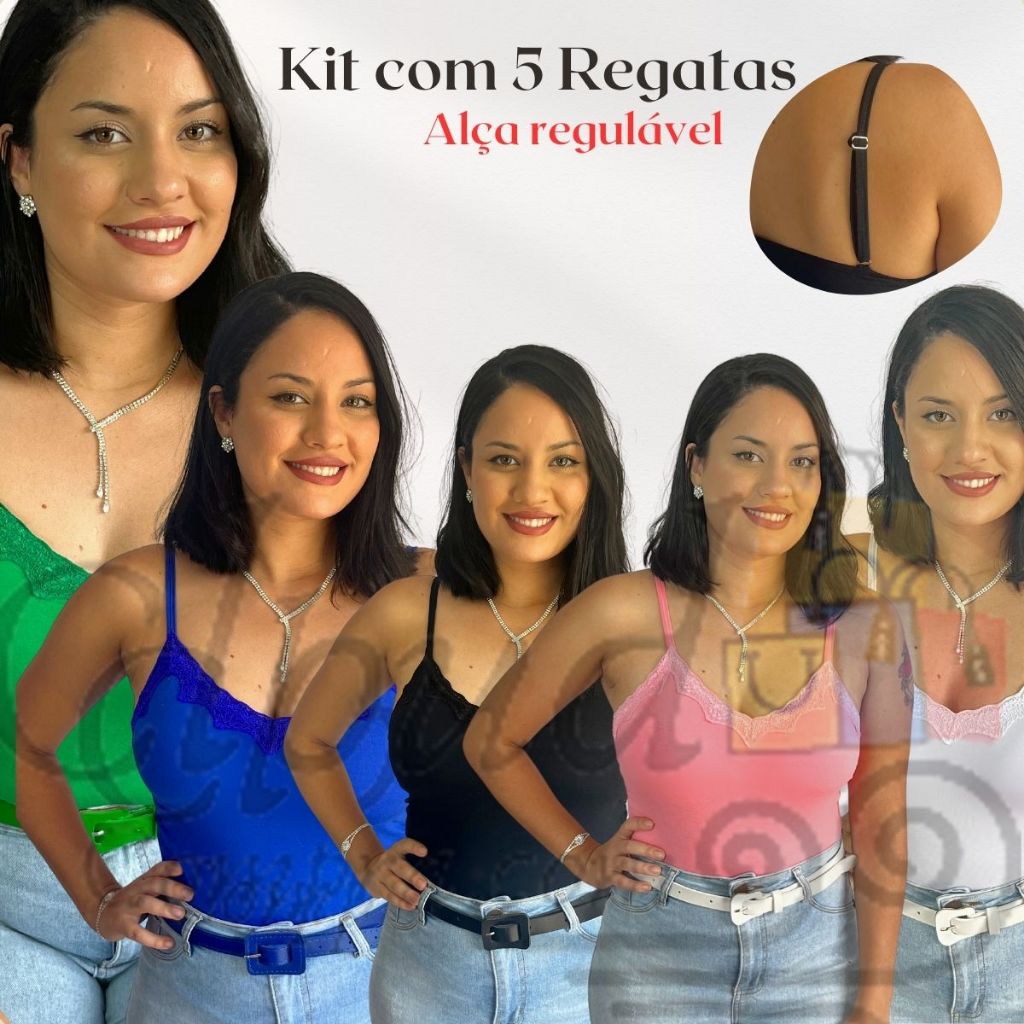 Kit com 5 Regata Feminina Renda com Bojo e Alças Reguláveis Blusa Blusinha Feminina de Alcinha