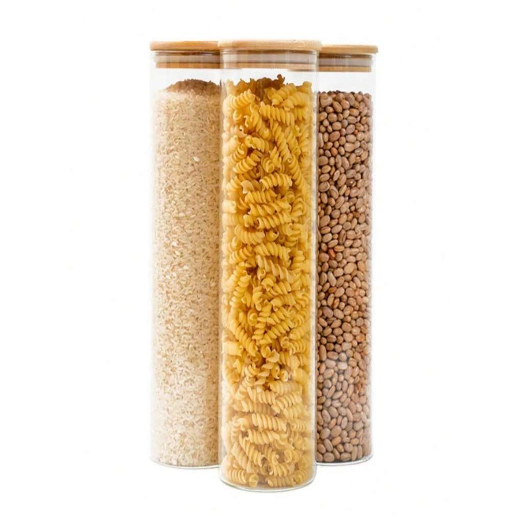 Kit com 3 Pote Vidro Quadrado Para Condimentos Macarrão Tampa Bambu 1L
