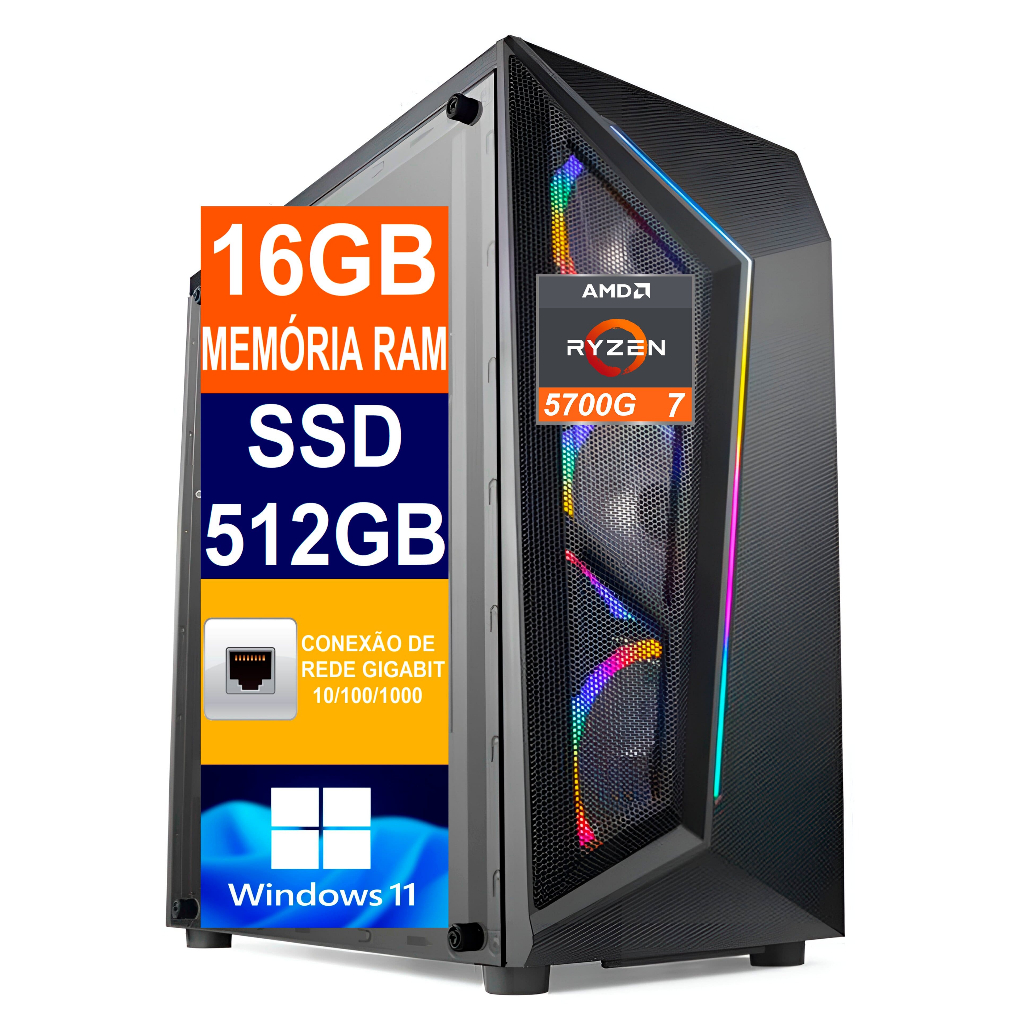 Pc Gamer Cpu Ryzen 7 5700g / Ssd 512gb M2, 16gb Memória Ddr4