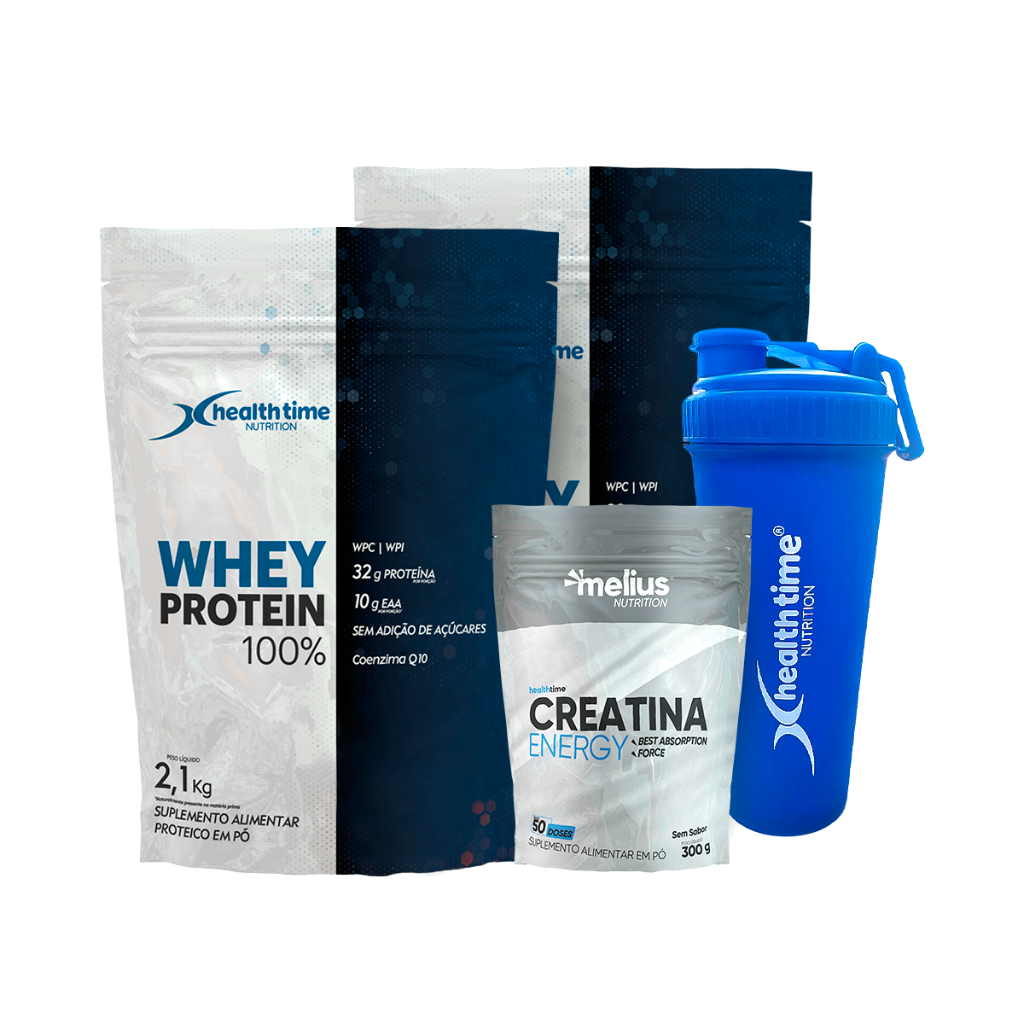 2x Whey Protein 100% 2,1kg  (4,2kg) + Creatina 300gr + Coqueteleira em Oferta na Shopee