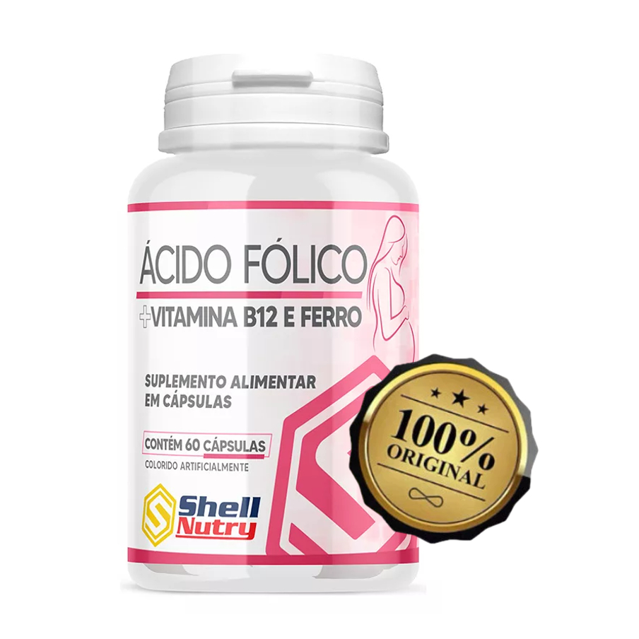 Ácido Fólico, Vitamina B12, Ferro C/ 60 Cápsulas Shell Nutry Sabor Sem Sabor