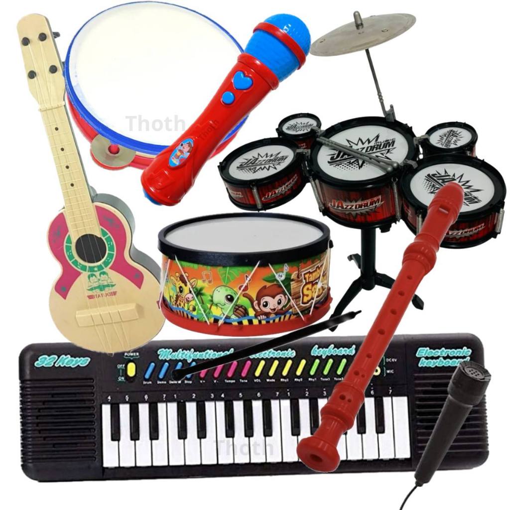 Kit Bateria Infantil Tambor Teclado Viola 6 Instrumentos Musicais Brinquedo Educacional