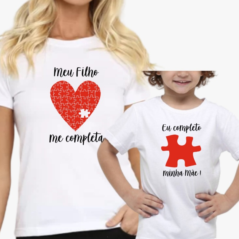 Kit de Camisetas Mãe e Filho (a) Meu Filho me Completa Minha Filha me Completa - 2 peças
