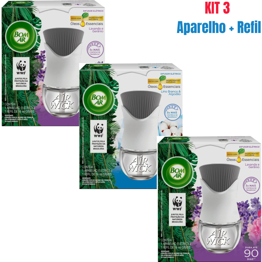 Kit 3 Bom Ar Difusor Elétrico Aparelho + Refil - Fragrância à Sua Escolha