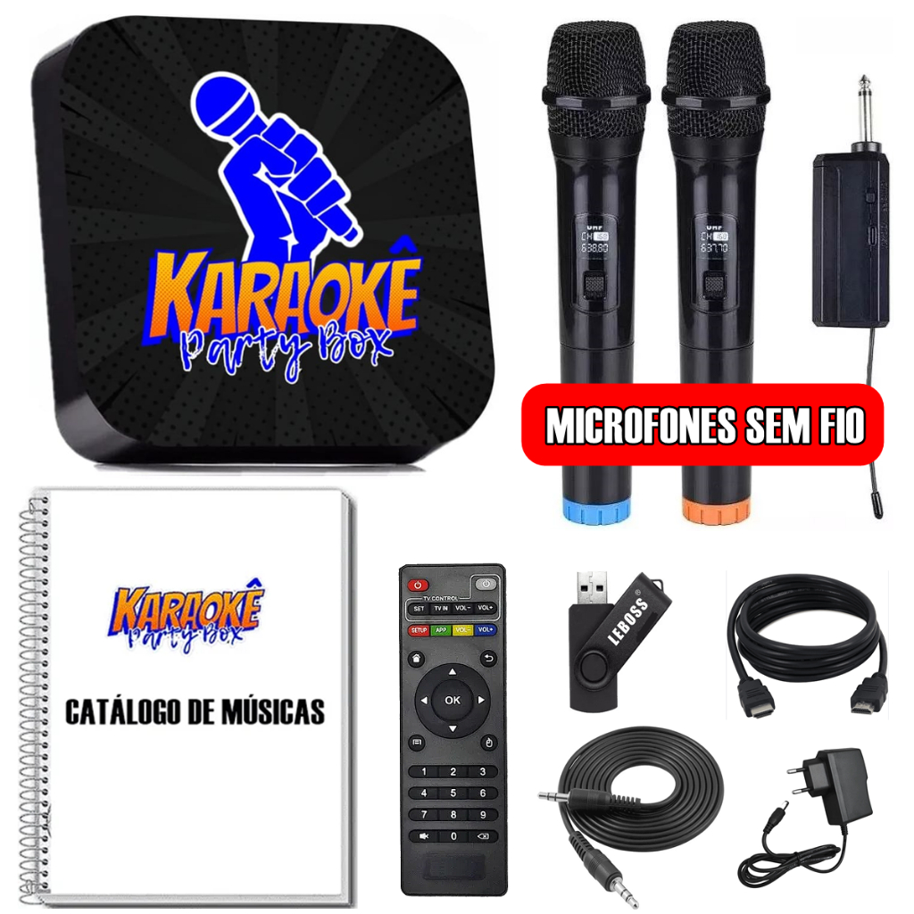 Karaoke Party Box Preto Original +2 Mic Sem Fio +de 2000 Músicas +Catalogo (Com Pontuação)