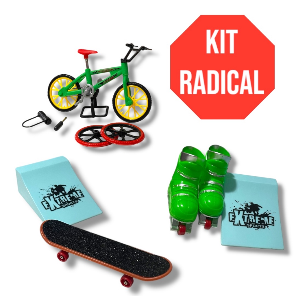 Kit Mini Bicicleta Patins Skate de Dedo com Rampa Brinquedo Radical Manobras de Dedo Fingerboard