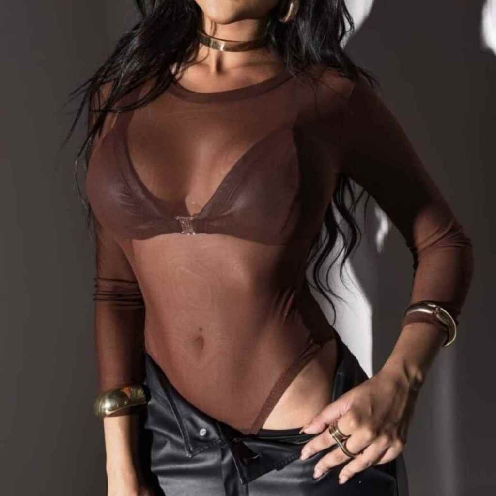 Body Feminino de Tule Marrom Transparente Manga Longa Tendência Blogueira