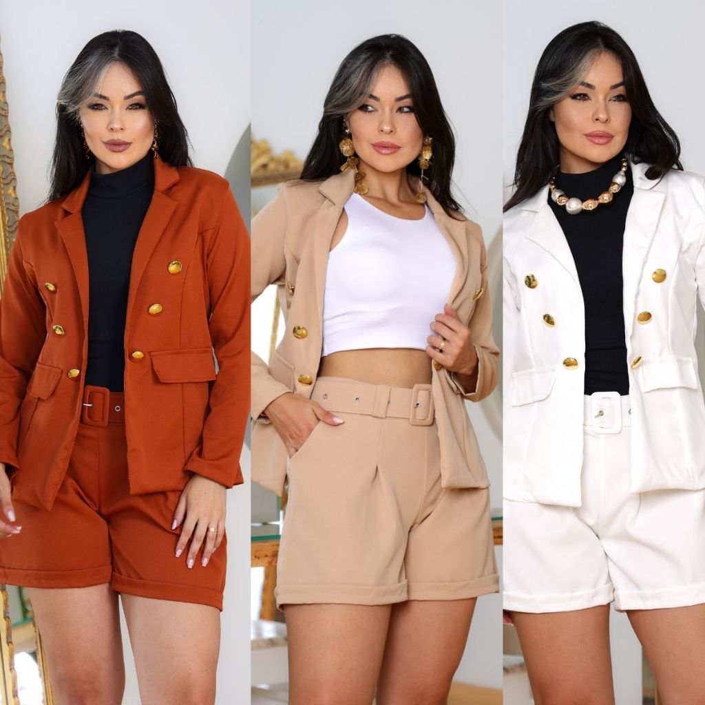 Conjunto Feminino de Alfaiataria Casaco Blazer e Short com Elástex na Cintura Inclui Cinto Elegante