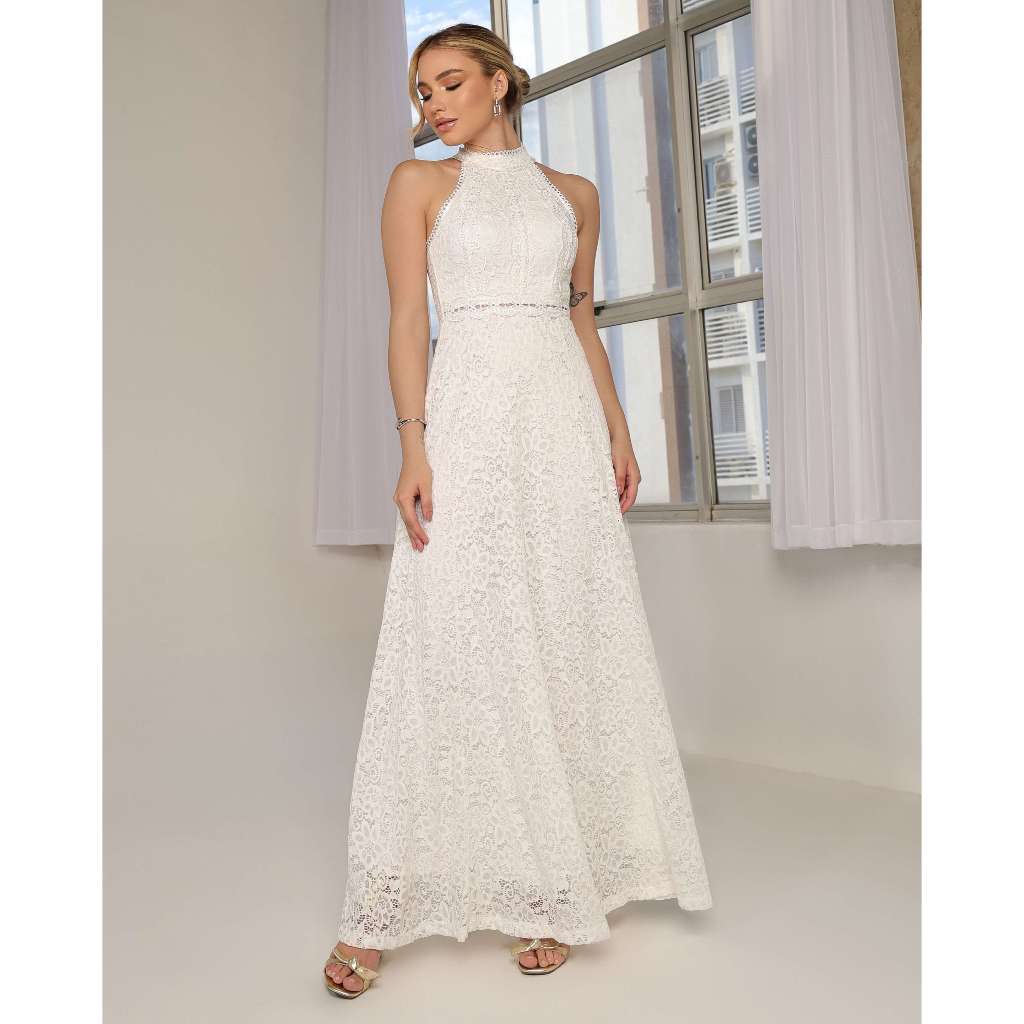 Vestido Noiva Civil Longo Rodado em Renda Casamento Noivado Pré Wedding Branco Off {Cíntia} L477