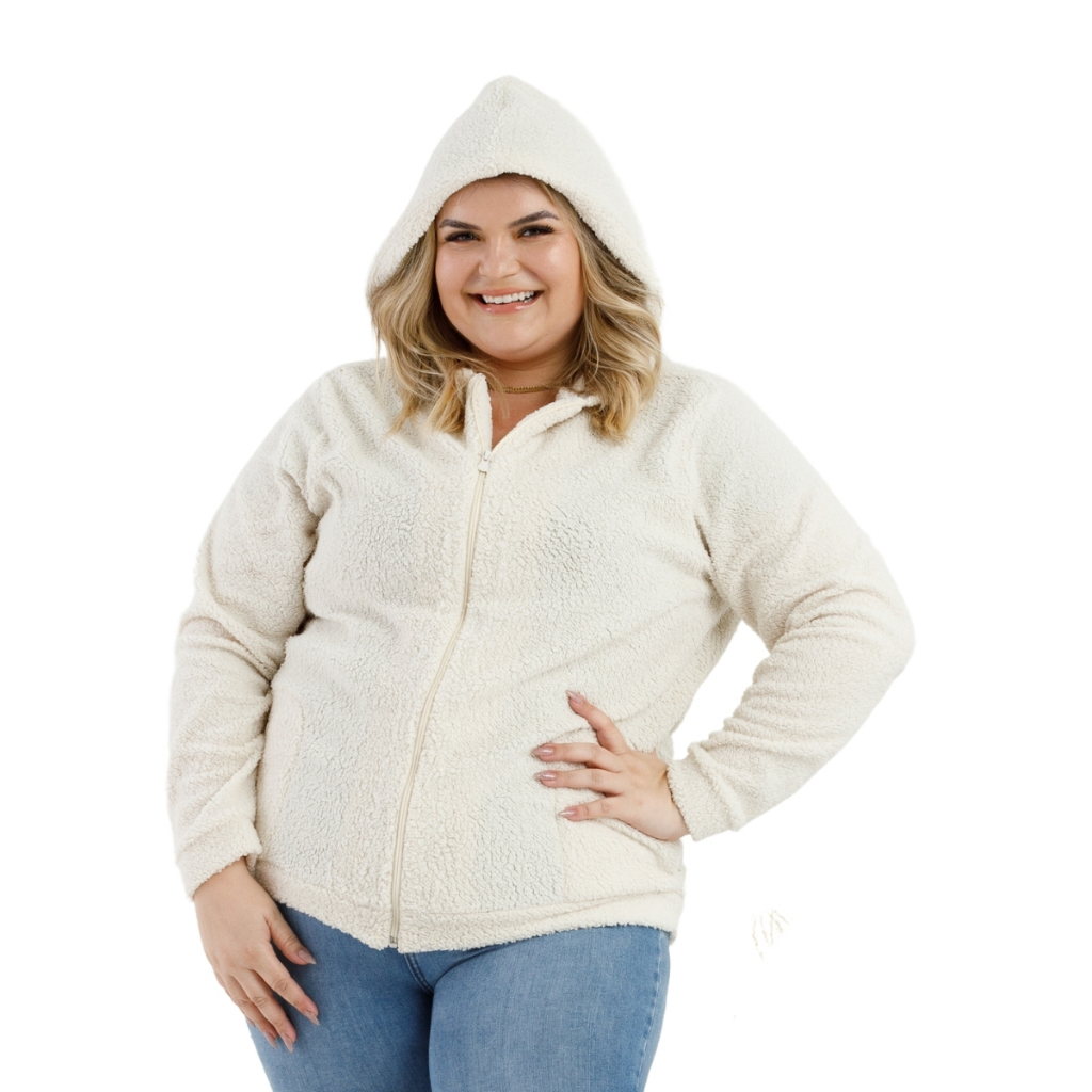 Casaco Teddy Carneirinho Feminino Com Ziper Frontal e Capuz Plus Size para Outono Inverno 12925A