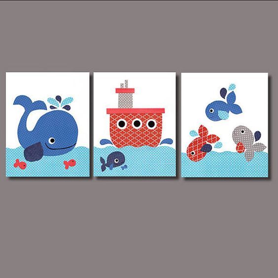 Quadro Decorativo 3 Peças 30x20 Baleia Barco Peixinhos Tema Oceano Decoração de Quarto Festa Infantil Bebê Menino Menina