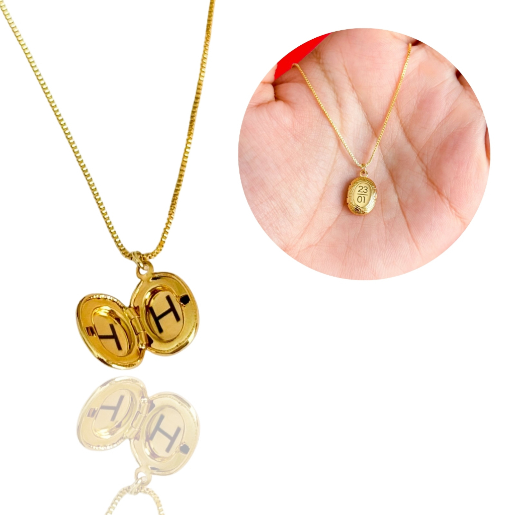 [ SEMI JOIA ] Colar Presente Personalizado Relicário Delicado (45cm) Data Inicial Banhado Ouro 18k Presente Dia Namorado