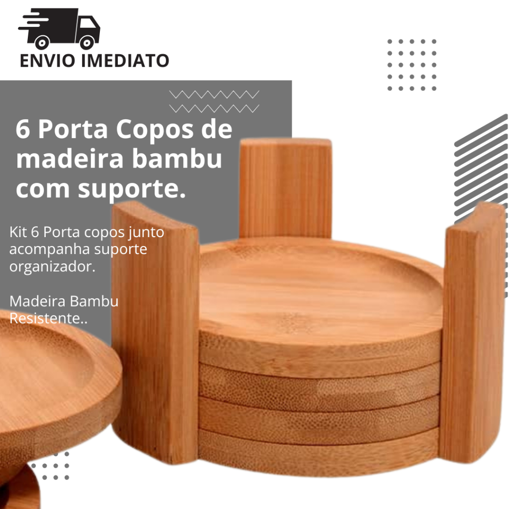 Porta Copos Redondo de Madeira Com Suporte Bambu 6 Peças Bolacha Para Copo Ecokitchen