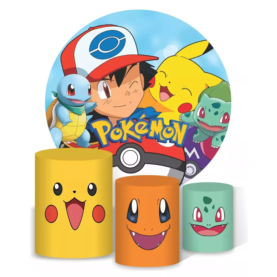 Kit Capas Painel Redondo E Capas De Cilindro Sublimados Decoração Tema Pokémon em Oferta na Shopee