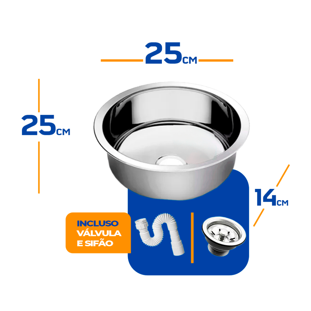 Cuba As Redonda Cozinha 25cm Aço Inox 304 Válvula E Sifão em Oferta na Shopee