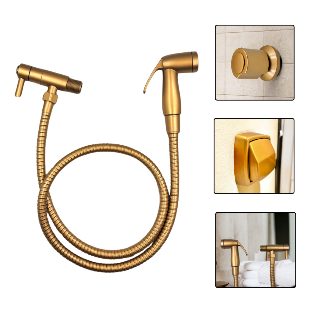 Kit Banheiro Elegante Dourado Com Ducha Higiênica, Tampa Para Descarga e Acabamento Para Registro