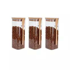 3 Potes Vidro Borossilicato [Quadrado]Tamanho 8 x 15cm 650 ml Com Tampa e Colher de Bambu