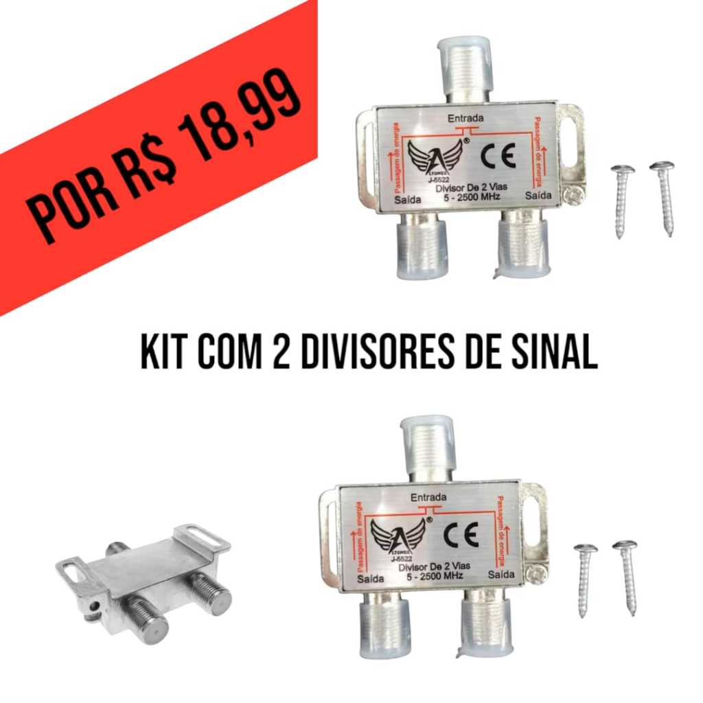 Kit Com 02 Divisor De Antena - Divisor de Sinal 2 Saídas Para Tv - Altomex