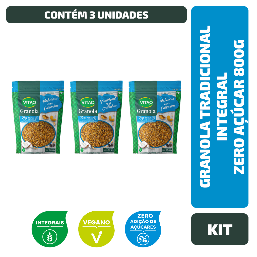 Kit Granola Tradicional Integral Zero Açúcar Vitao 800G - 3 Unidades - Food & Beverages