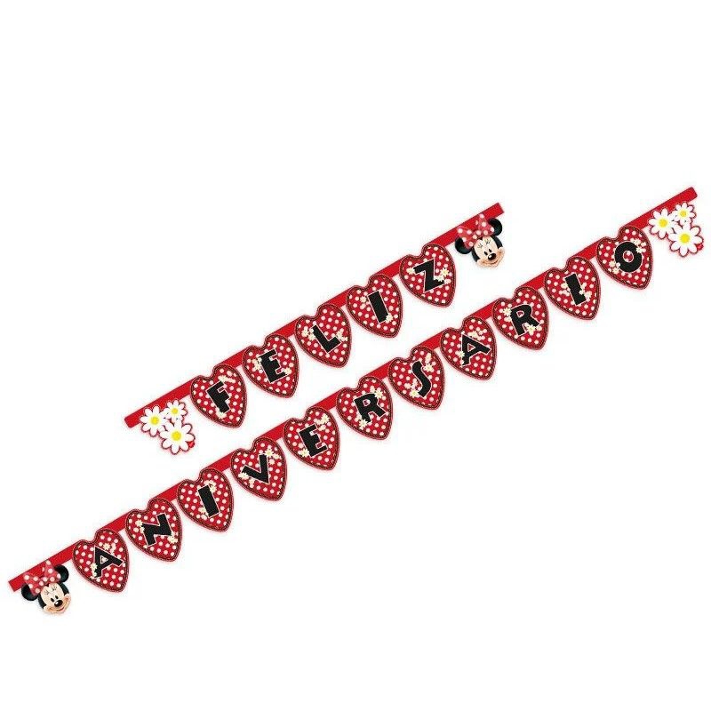 Faixa Feliz Aniversário Minnie Mouse com ilhós e cordão.