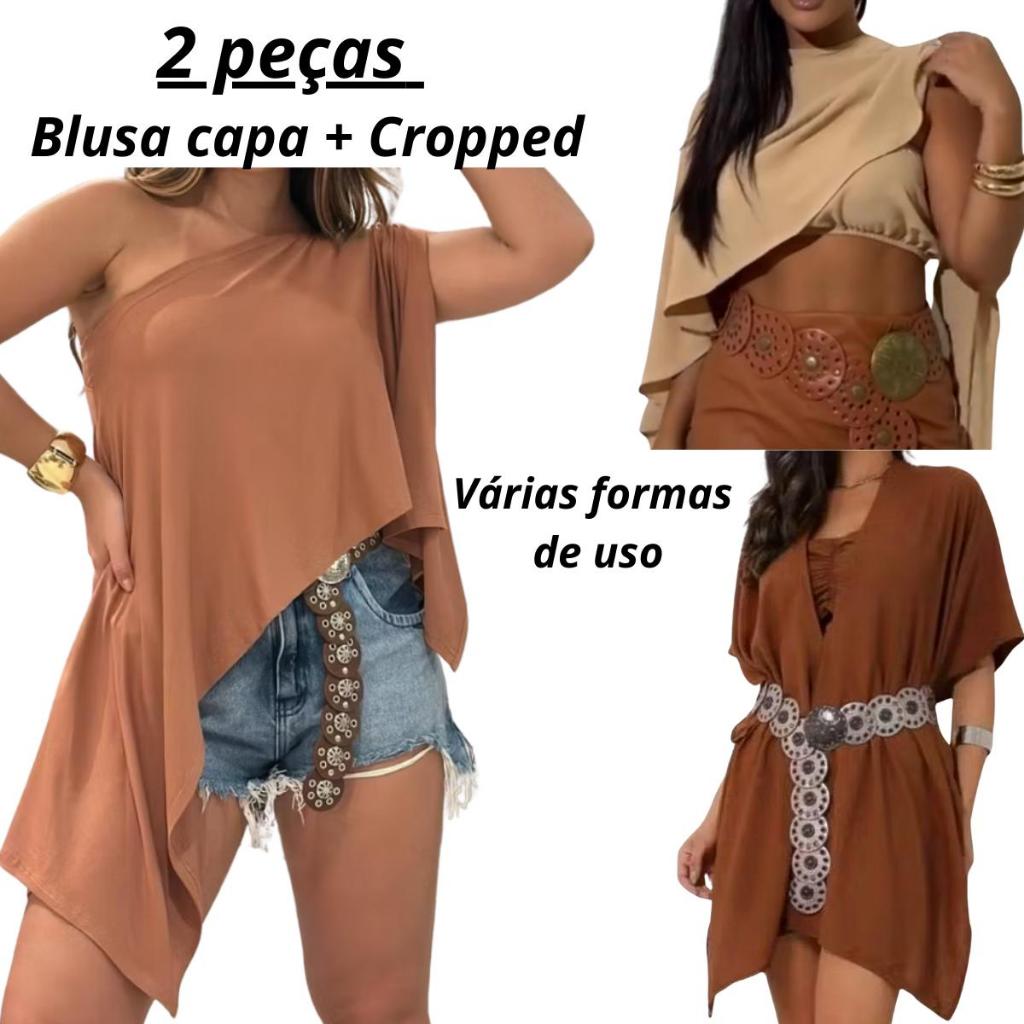 Blusa Capa Boho e Cropped com Bojo Multiuso Tendencia Blogueira