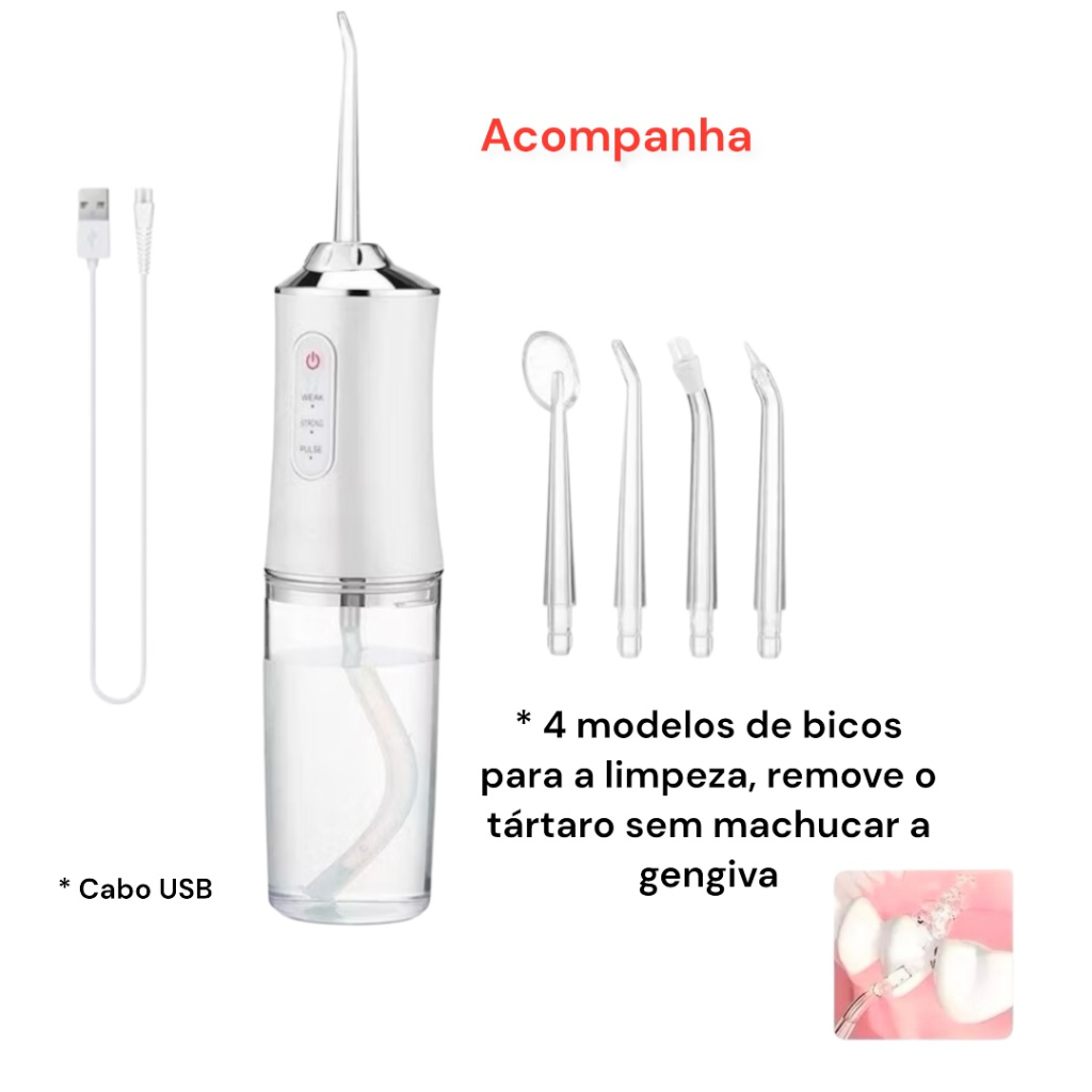 Irrigador Bucal Elétrico Fio Dental de Água Jato Forte para Dentes Gengiva Implante Dentário