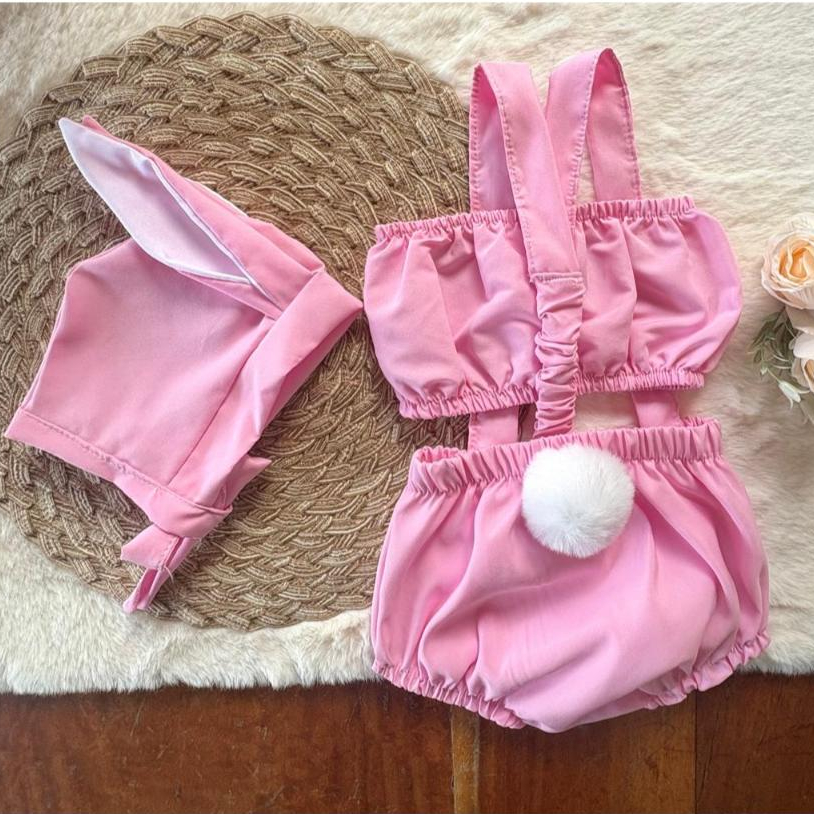 Conjunto Coelho: Macaquinho com Rabinho e Capuz de Orelhas - Tamanho Único (Veste 5 meses a 1 ano) | Páscoa | Fantasia em Oferta na Shopee