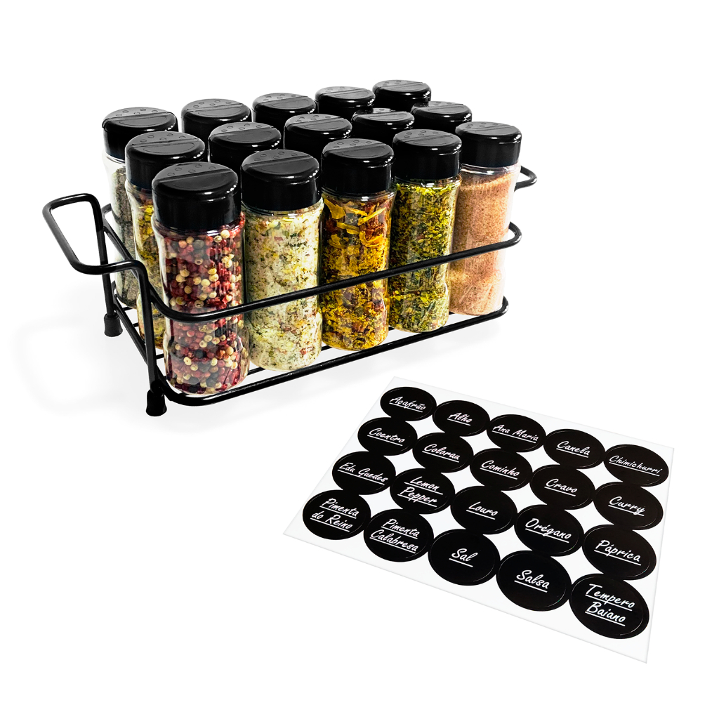 Porta Tempero Condimento Bancada Cozinha com 15 Potes 130ml + Etiquetas em Oferta na Shopee
