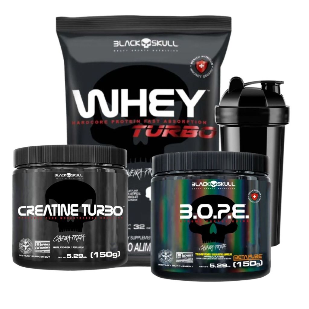 Combo Whey Turbo Black Skull 907g + Creatina turbo 300g + BOPE Pré Treino 150g  + coqueteleira preta