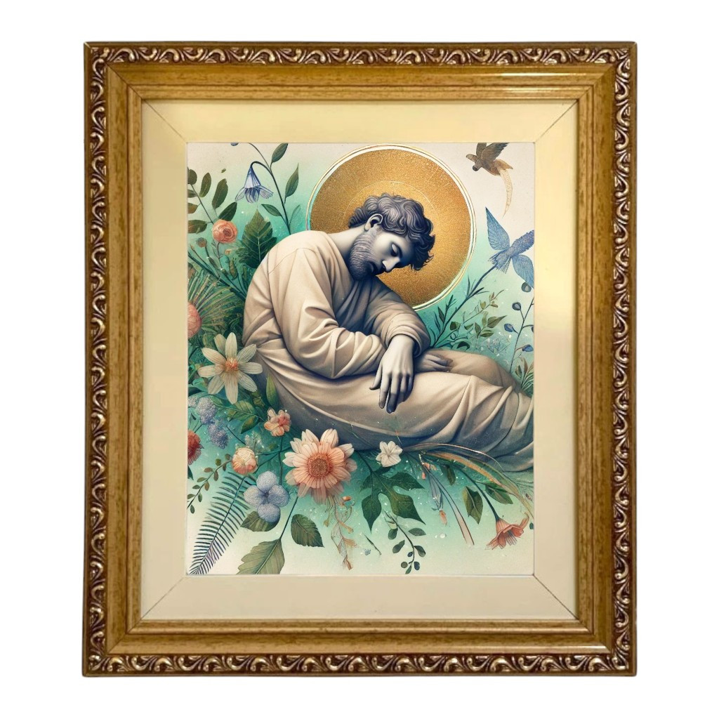 Quadro Parede Luxo São José Dormindo estilizada arte própria Moldura Protetor Vidro