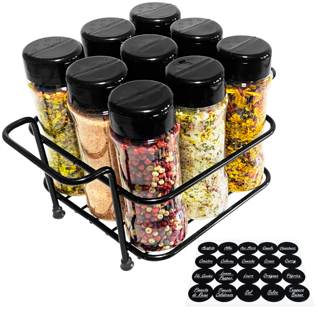 1 Porta Tempero Ferro para Bancada Cozinha com 9 Potes 130ml Tampa Dupla com Etiquetas em Oferta na Shopee