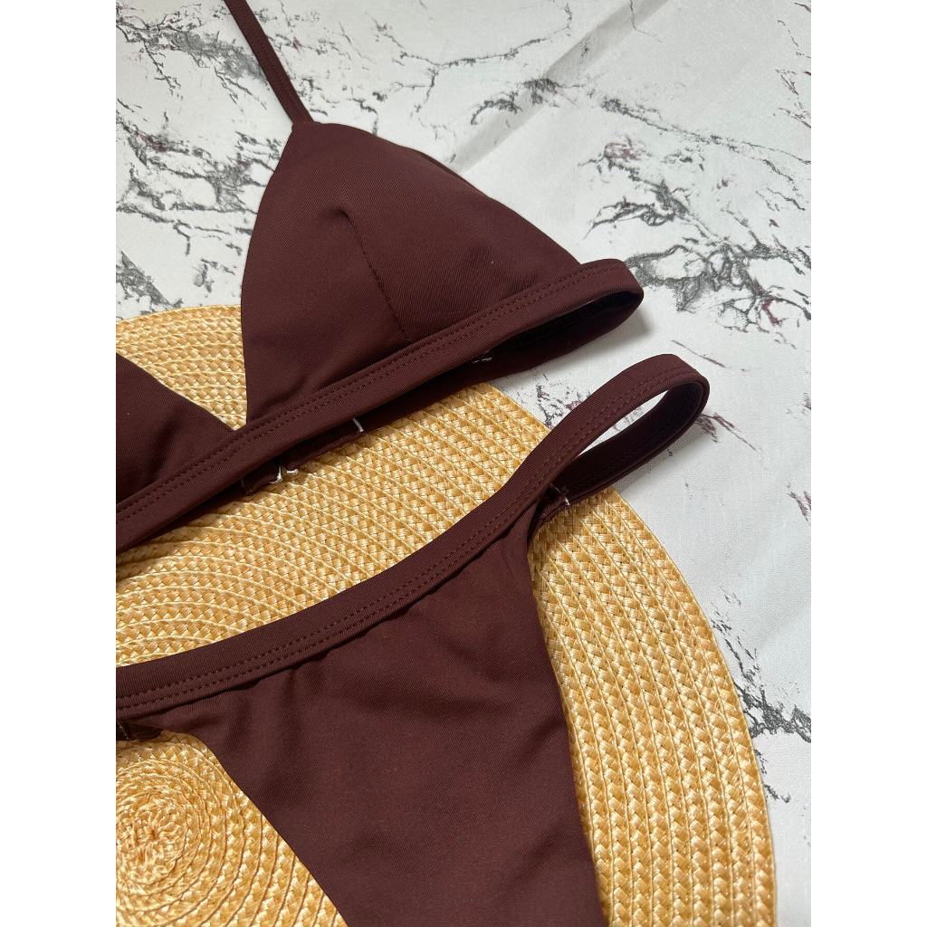 Biquíni Fita Fio Dental Marrom com Bojo Removível Marquinha Bronze