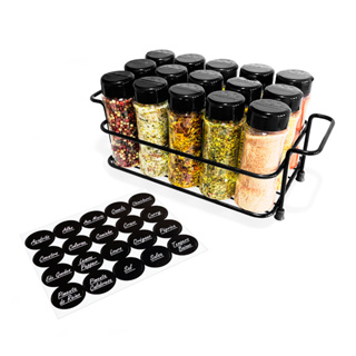 1 Suporte Preto com 15 Potes de Tempero Condimentos 130ml Tampa Dupla + Etiquetas em Oferta na Shopee