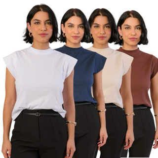 T Shirt blusa gola alta feminina muscle tee 008 manga curta 100% algodão camiseta básica lisa preta branca nude em Oferta na Shopee