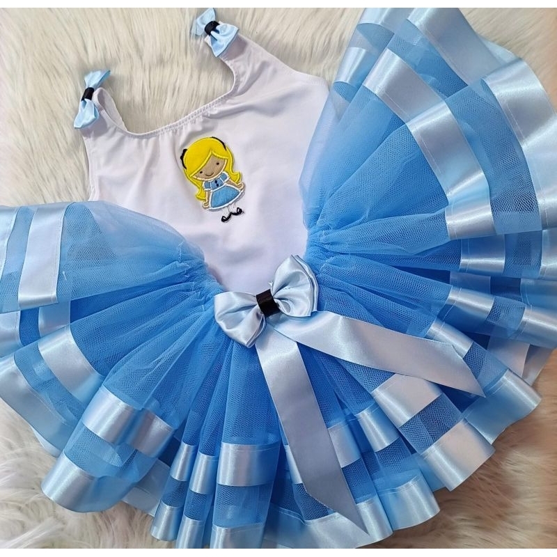 Fantasia Alice no Pais das Maravilhas Baby Infantil Aniversário Mesversário Vestido da Alice