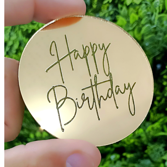 Kit 4, 8 ou 10un Medalhas Topper Aniversário Aplique Acrílico Espelhado 6cm Happy Birthday p/ Bolo