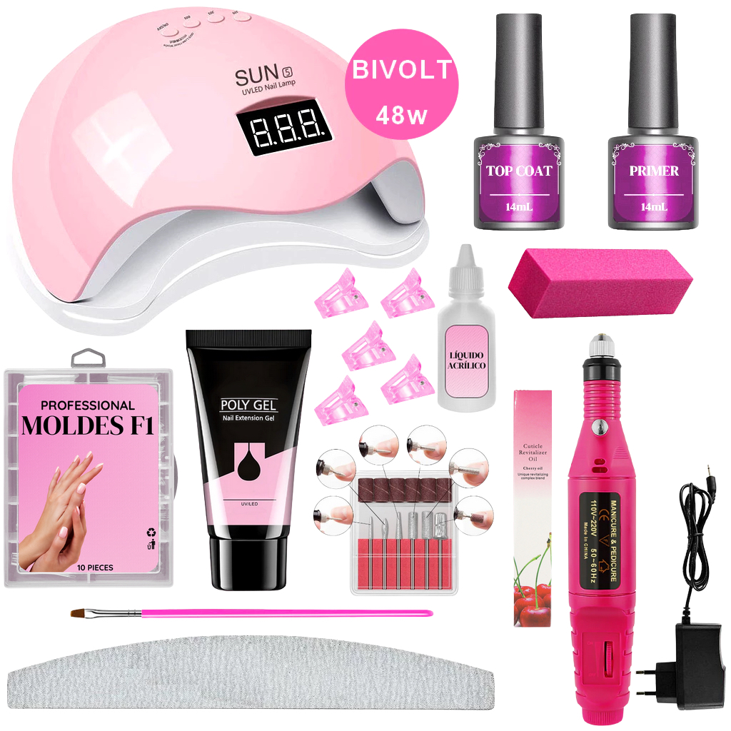 Kit De Unha Polly Gel Lixadeira Caneta + Óleo Hidratante De Cuticula Polygel + Cabine Led Manicure