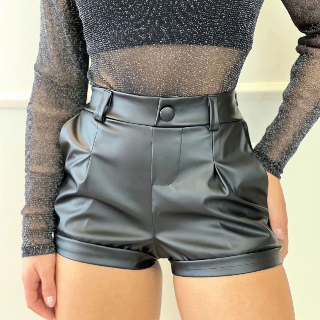 Shorts Cintura Alta Courino Com Zíper Na lateral ,Bolso e Botão Pressão em Oferta na Shopee