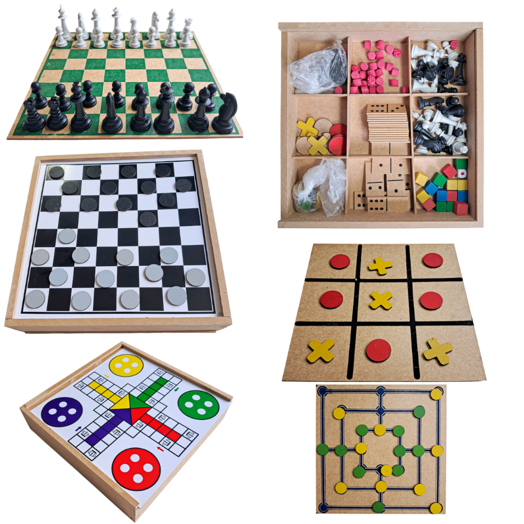 Jogo 5 em 1 Tabuleiro Madeira Ludo Dama Xadrez Velha Trilha Brinquedo Educativo