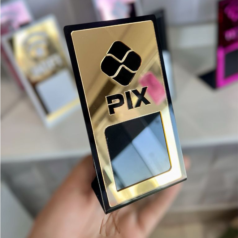 Plaquinha Display Acrilico QR Code Pagamento Wifi Espelhado Dourado Rose Pink Prateado