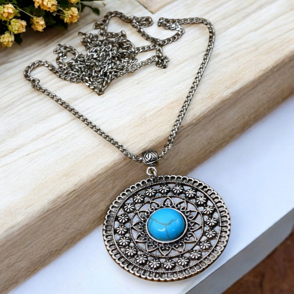Colar Mandala Longo Pedra Turquesa Bijuterias Acessorios Esotericos