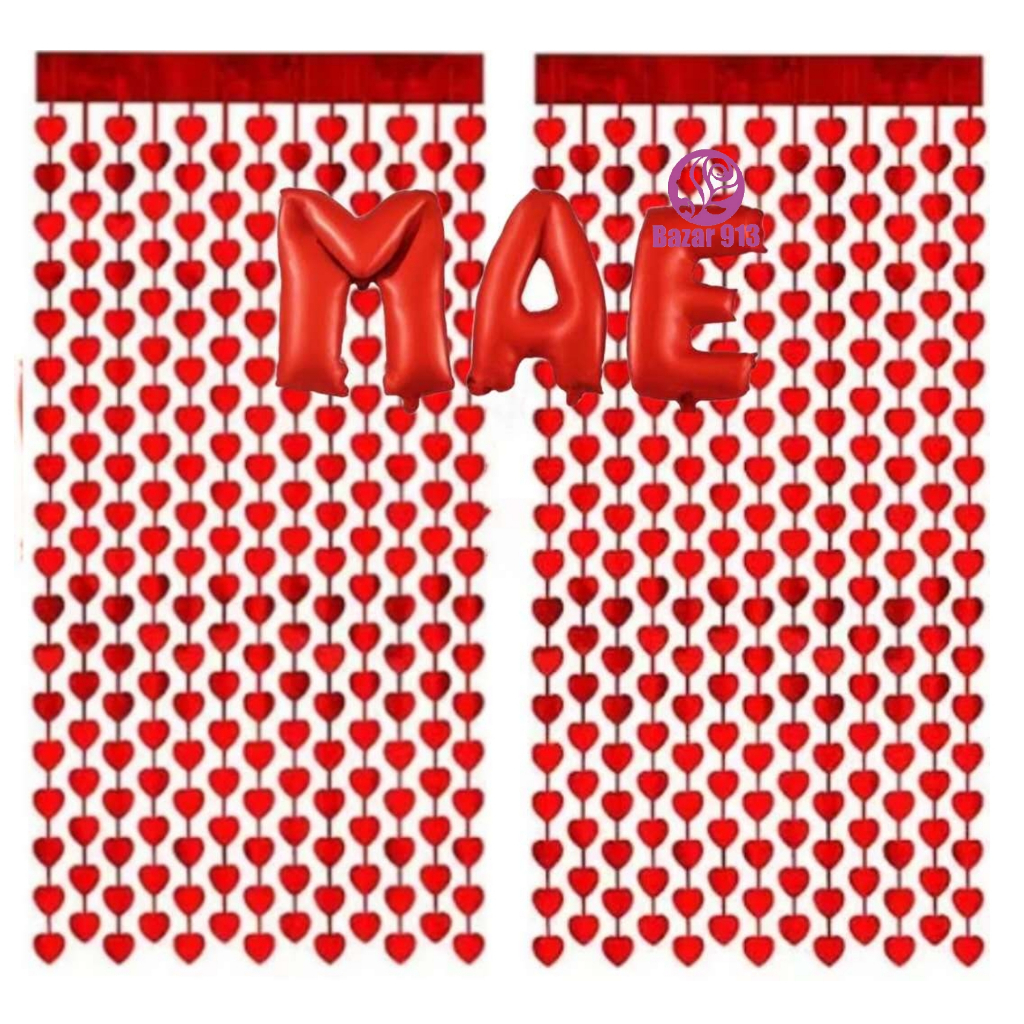 Kit Decoração Dia das Mães Cortina Coração 2 x1m + Balão Mae 40cm Vemelho