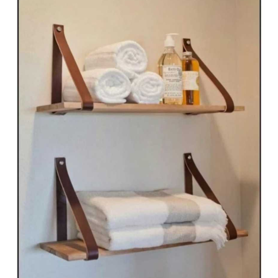 Kit 2 a 6 Prateleiras de Madeira Com Alça de Couro Para Decoração Casa Quarto Luxo Nicho Industrial