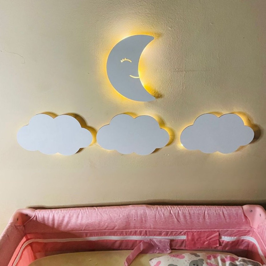 Kit Luminárias Led Sem Fio Nuvem e Lua Abajur Andarela para Crianças