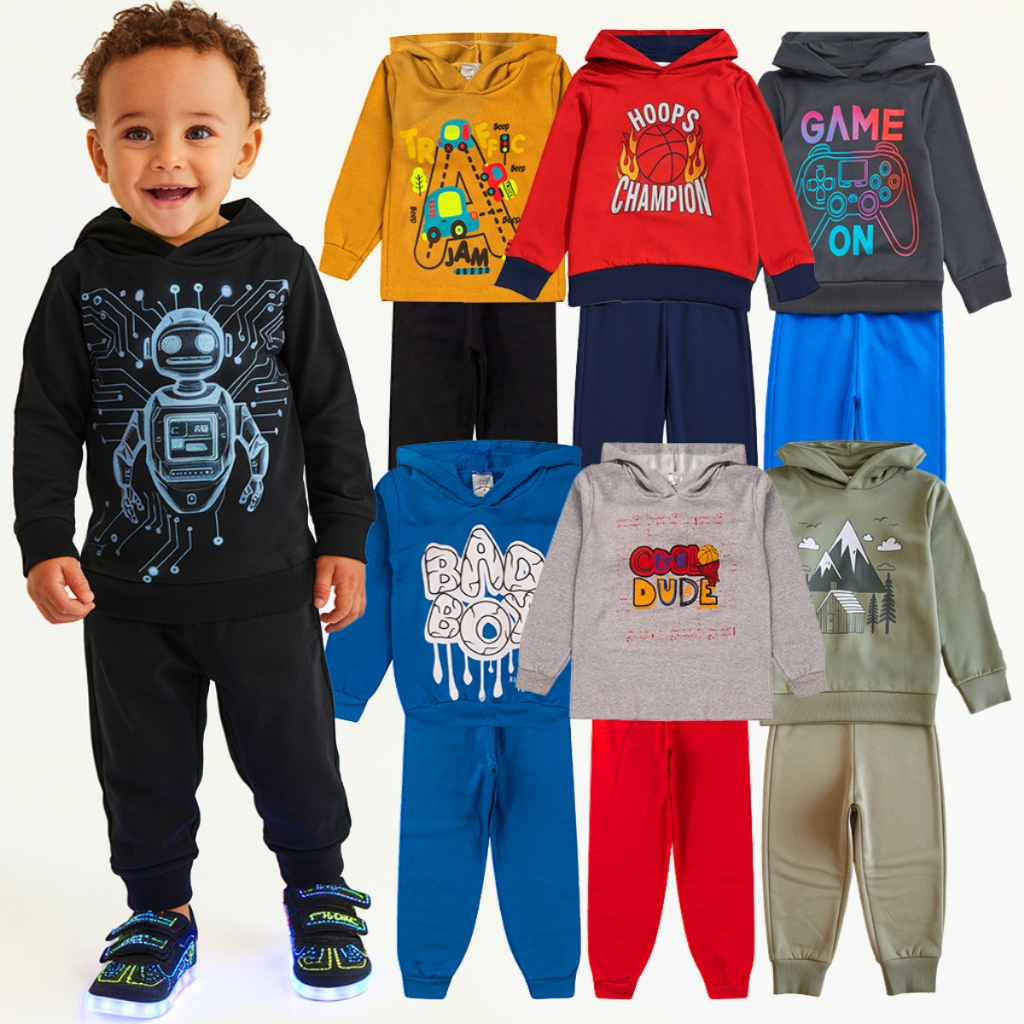 Kit 6 Peças Conjunto Moletom Infantil Menino Masculino Inverno Com Capuz Outono