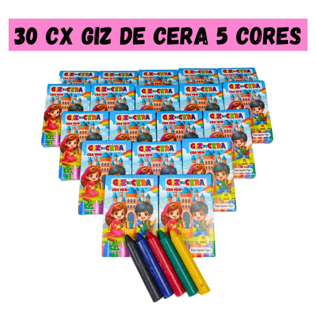 30 Caixa Mini Giz de Cera 5 Cores P/ Kit Festa Lembrancinha Infantil