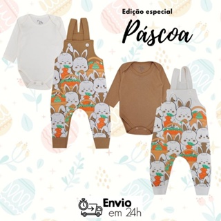 Conjunto Jardineira e Body Coelhos Páscoa Unissex em Oferta na Shopee
