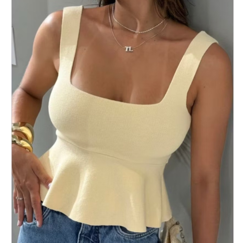 Bata Blusa Regata Com Babado Feminina Peplum Batinha Rodada Tricot Modal Verão Boho Blusinha Modal